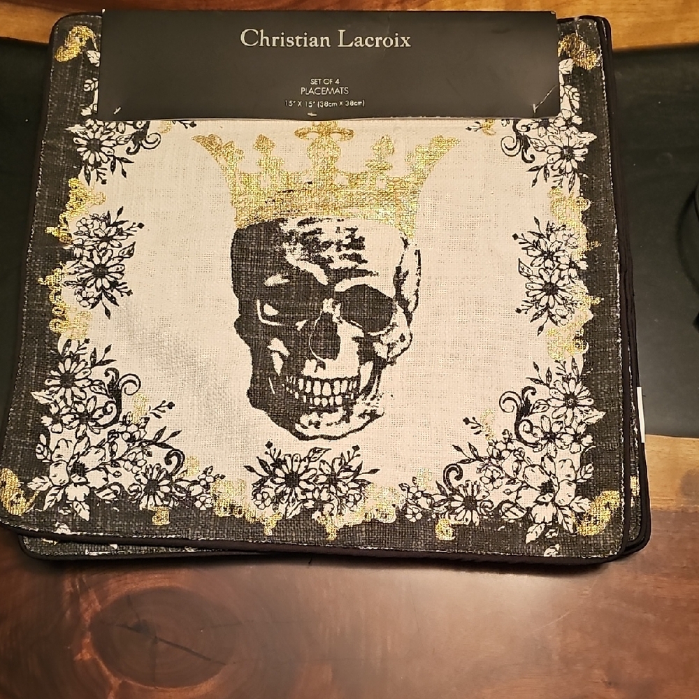 Christian Lacroix Gold and Black Skull Set Of Four-placements 15x15 In